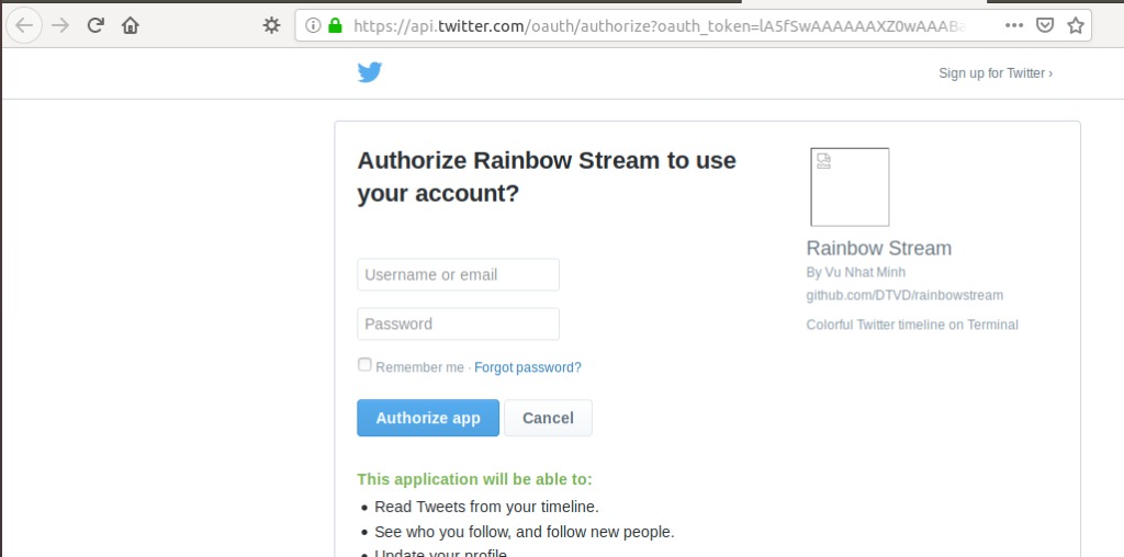Authorize Rainbowstream at Twitter